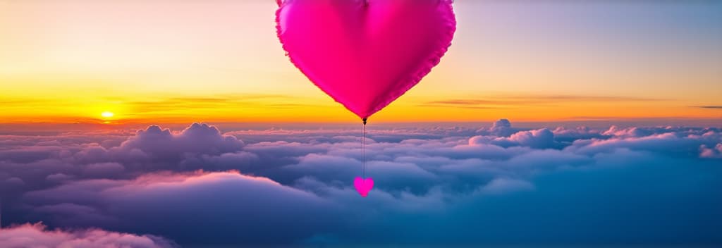  professional detailed photography, three dimensional photo ((((huge pink cotton heart ))))) soaring above the clouds against the background of the evening sunset. free space for text ar 3:1, (muted colors, dim colors, soothing tones), (vsco:0.3)