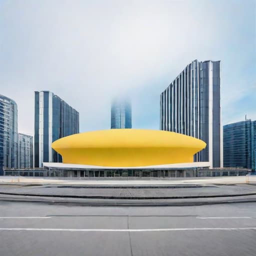  modern architecture, circular and yellow building, smooth surface, minimalist design, playful and whimsical aesthetics, inspired by cartoon character, rounded forms, bright yellow color, open and airy spaces, sunlit, urban skyline backdrop hyperrealistic, full body, detailed clothing, highly detailed, cinematic lighting, stunningly beautiful, intricate, sharp focus, f/1. 8, 85mm, (centered image composition), (professionally color graded), ((bright soft diffused light)), volumetric fog, trending on instagram, trending on tumblr, HDR 4K, 8K