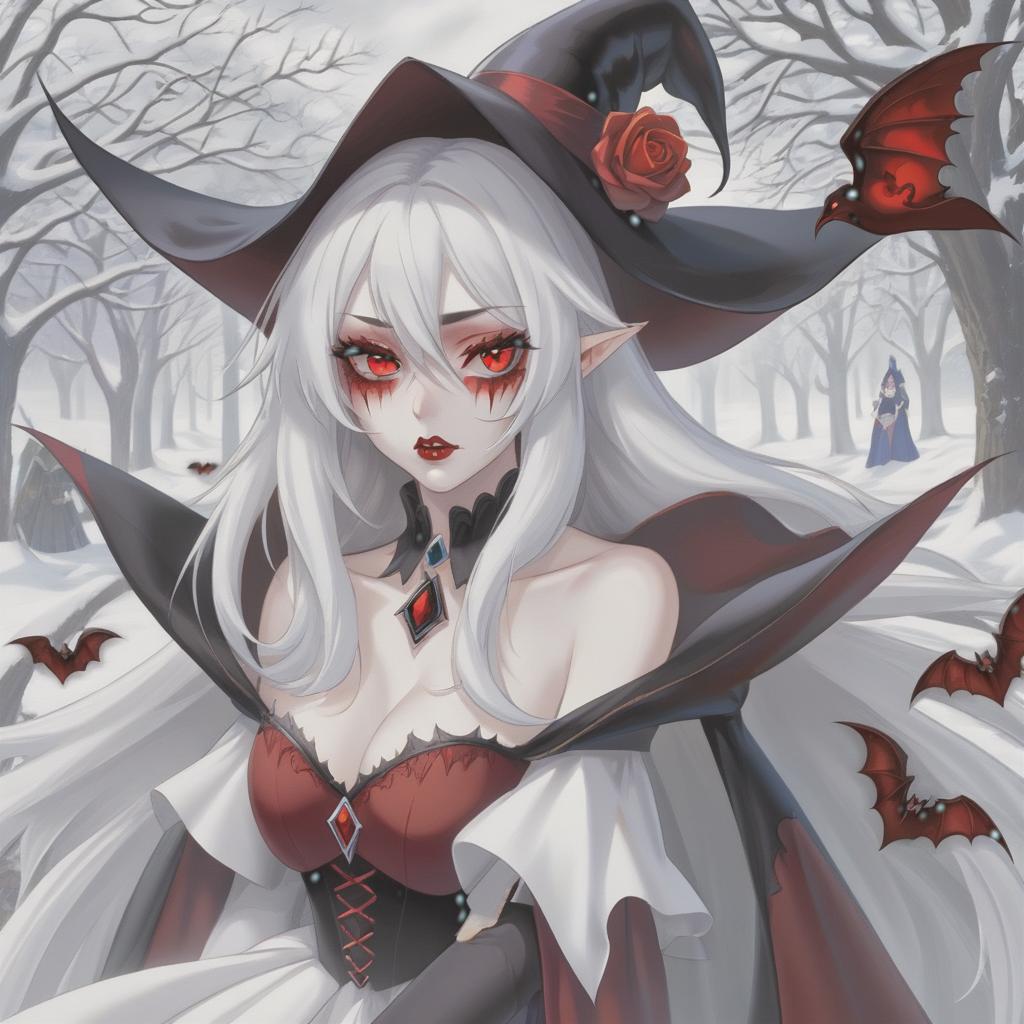  the vampire witch. red eyes, snow white hair. beautiful