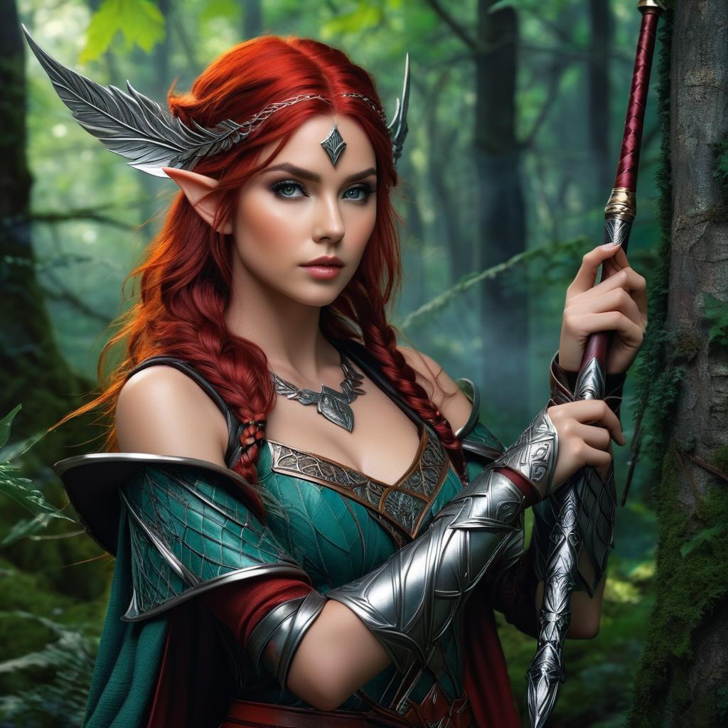  beautiful elven huntress with red hair in a dark fantasy forest photo realistic, highly intricate and detailed, masterpiece, ultra high res,photography,8k resolution