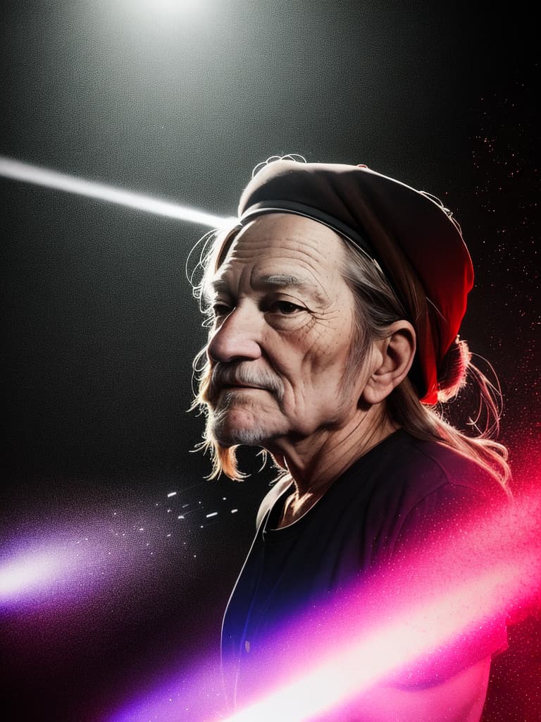  Singer Willie Nelson, medium shot, upper body, spotlight, long exposure lighting, street art style spray paint, glamour lighting