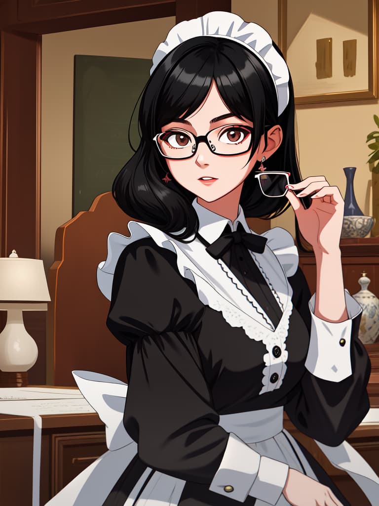  maid, black hair, glasses girls, glasses girls, glasses, girls wearing glasses, masterpiece, best quality,8k,ultra detailed,high resolution,an extremely delicate and beautiful,hyper detail