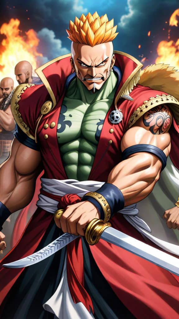  anime art: the four emperors (yonko) from one piece commanding massive territories and armies, showcasing their dominance hyperrealistic, full body, detailed clothing, highly detailed, cinematic lighting, stunningly beautiful, intricate, sharp focus, f/1. 8, 85mm, (centered image composition), (professionally color graded), ((bright soft diffused light)), volumetric fog, trending on instagram, trending on tumblr, HDR 4K, 8K