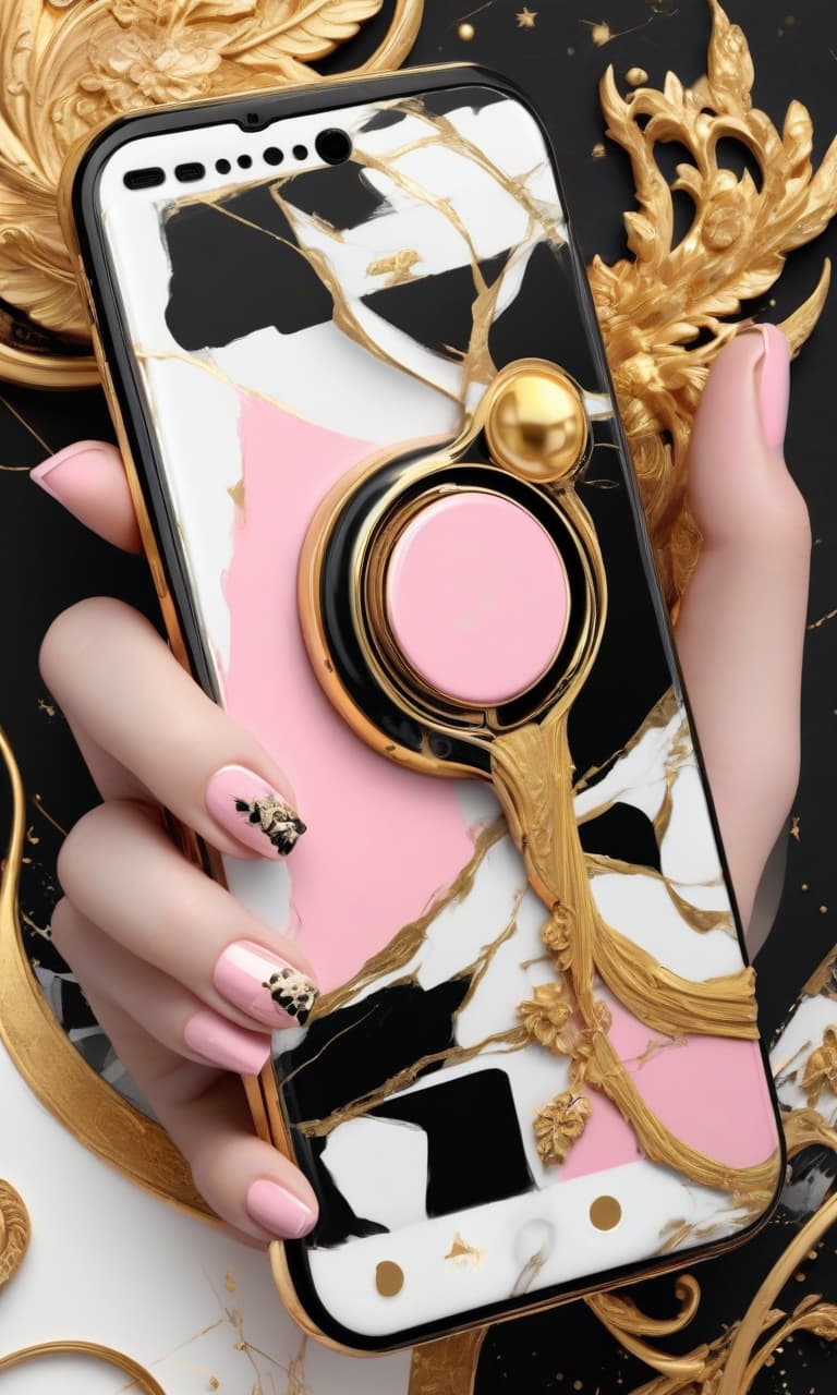  concept art black, white, gold, pink black and gold phone . digital artwork, illustrative, painterly, matte painting, highly detailed, perfect hands