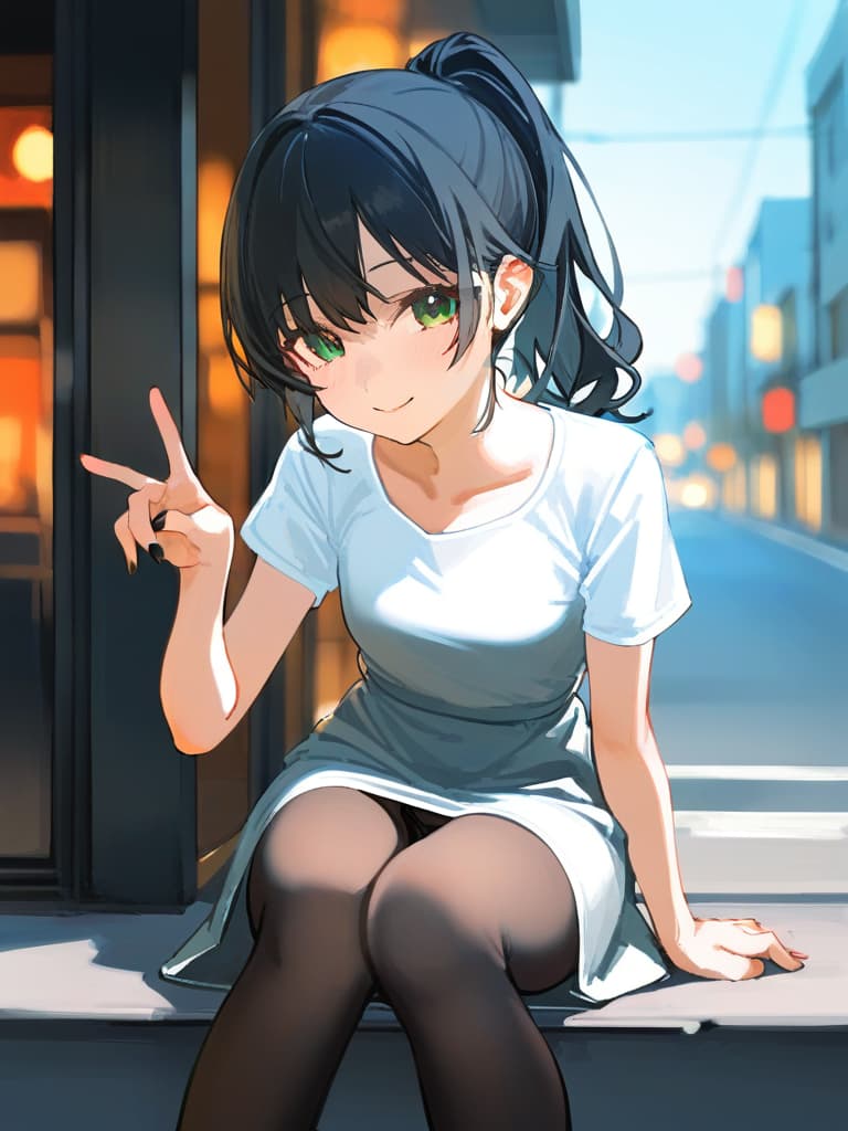  (✌peace pose:2.0)masterpiece,beautiful girl,nice body,(long legs:1.5)(ponytail:1.7)((wearing a knee length dress with white short sleeves:2.0))(smiling)((wearing a pitch black panty hose:2.0))(full length:1.7)(on the street:1.5)(sitting shallow on the guardrailsitting:1.7)(close up:1.5)high quality,16k