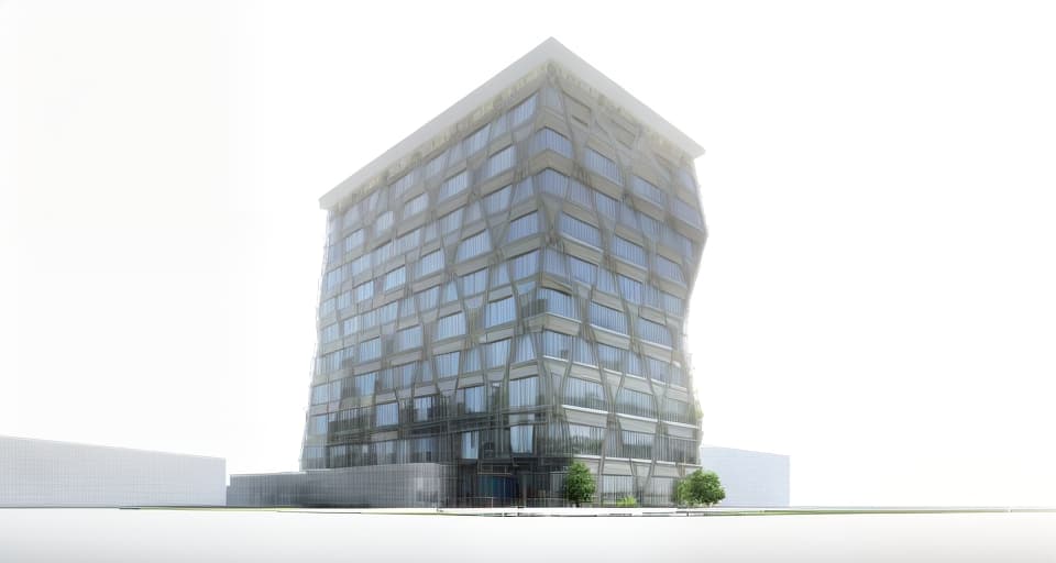 mdjrny-v4 style architecture, high quality, exterior perspective, time is noon, weather is sunny, 10 story office building at intersection, luxury exterior, tadao ando, photorealistic