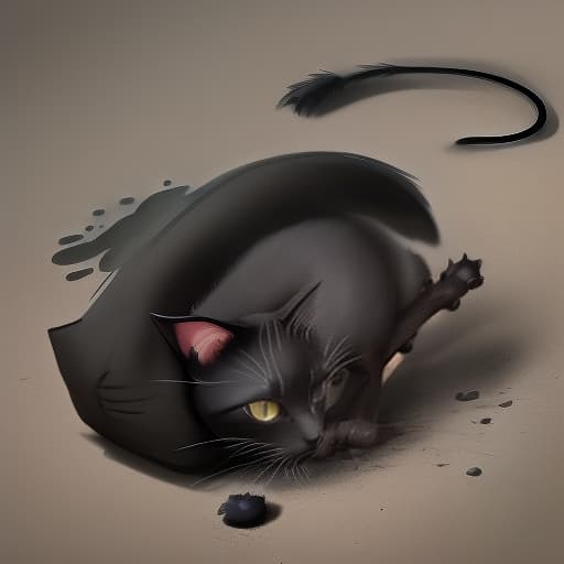  black painted cat crushed a rat with his paw