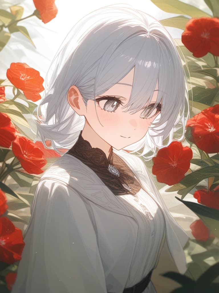  white hair, white eyes, red flowers, masterpiece, best quality,8k,ultra detailed,high resolution,an extremely delicate and beautiful,hyper detail