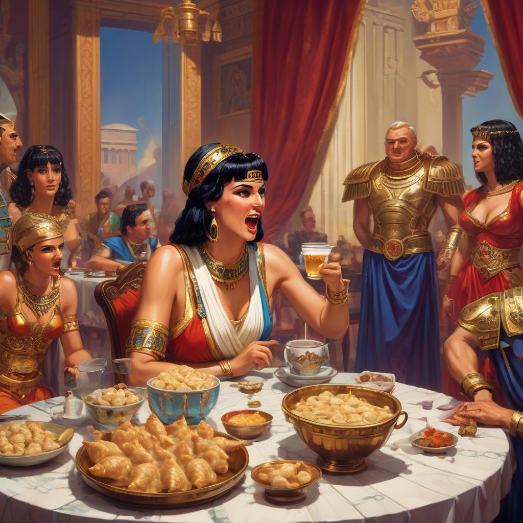  retro game art cicero shouts at cleopatra at the table. there are cups of dumplings on the table. . 16 bit, vibrant colors, pixelated, nostalgic, charming, fun