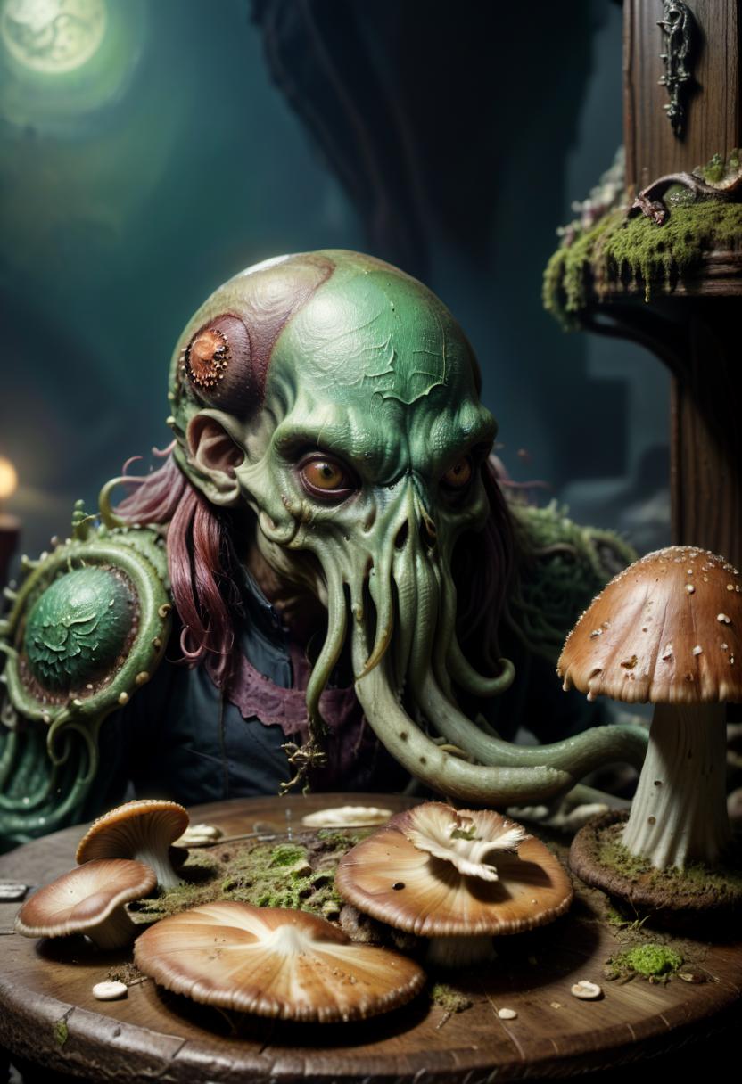  breathtaking cthulhu and a stranger drink in a bar and eat mushrooms in the style of painting with hot wax . award winning, professional, highly detailed, civitai