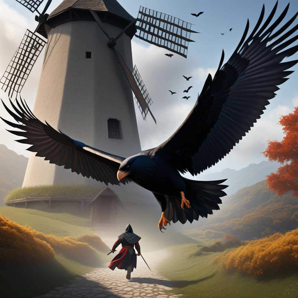  a funny dungeons & dragons monk being attacked by ravens near a old windmill photo realistic, highly intricate and detailed, masterpiece, ultra high res,photography,8k resolution