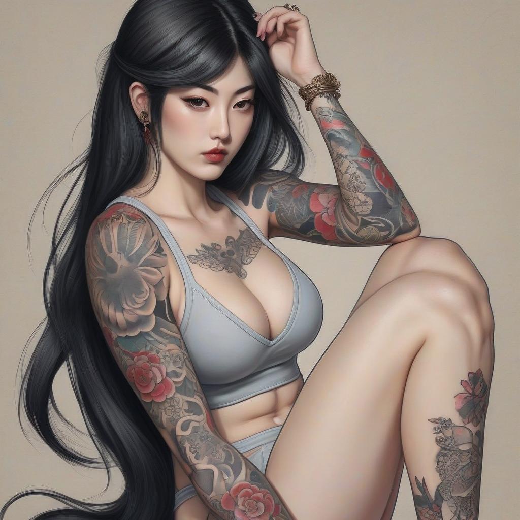  a woman in underwear, with tattoos in the japanese style "irezumi" more tattoos, dark long hair, straight nose, oriental entourage, sitting in a feminine pose, background and clothing styled for the era of edo, athletic female body.