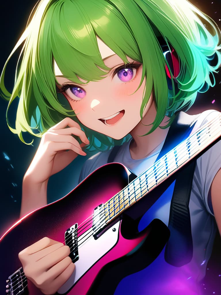  1girl,18yo,(((high school girl))),(((playing with an electric guitar:1.35))),green hair,short hair,purple eyes,headphone,very loud laugh,(((happy pose))),(((metallic focus))),music note effect,realistic