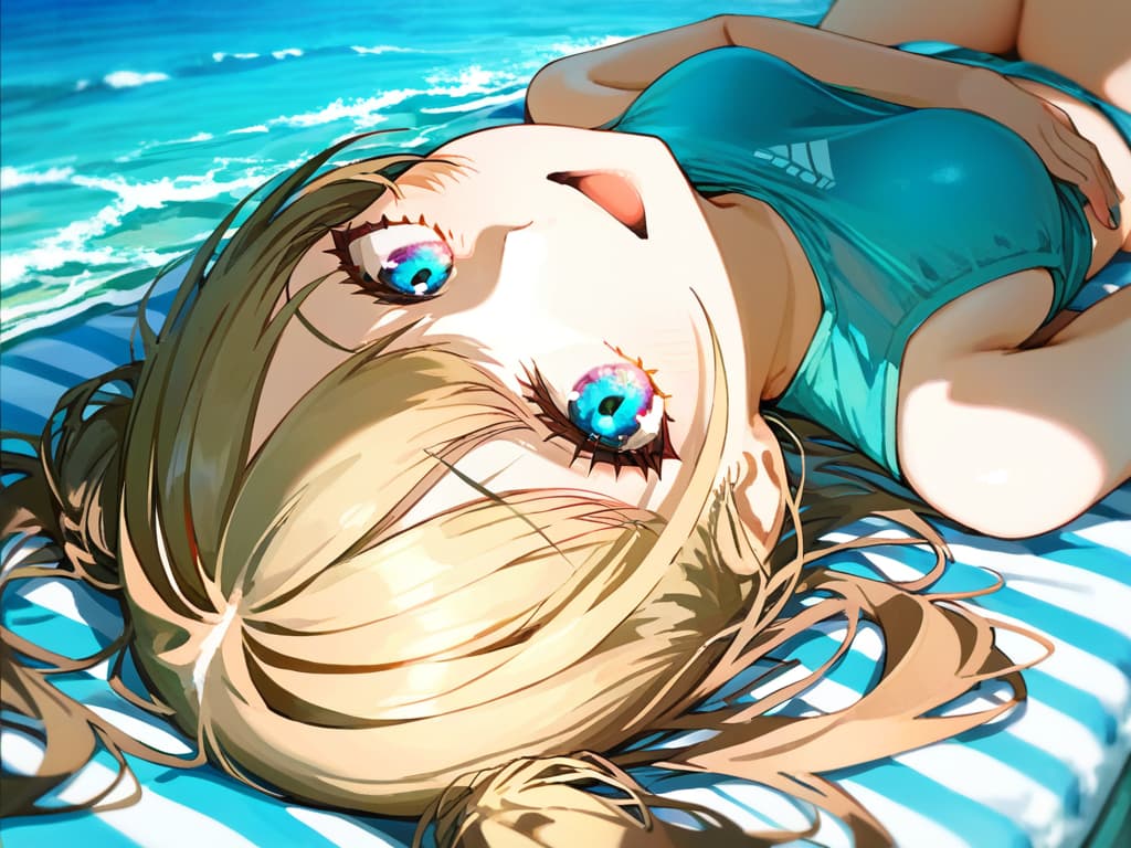  ultra detailed:1.2,masterpiece:1.2,best quality,masterpiece,bestquality,hdr:1.1,8k:1.1,very cute girl:1.3,(aqua color,sports ,swimwear:1.6),(lying,at striped float bed on sea:1.8) ,smile:1.4 ,(blonde hair,twin tail,drill hair:1.3) ,(on the sea:1.7),upper body:1.3,dutch angel:1.5,open mouth,(upside down:1.7)(from above:1.1)((eyes highlight:1.1))