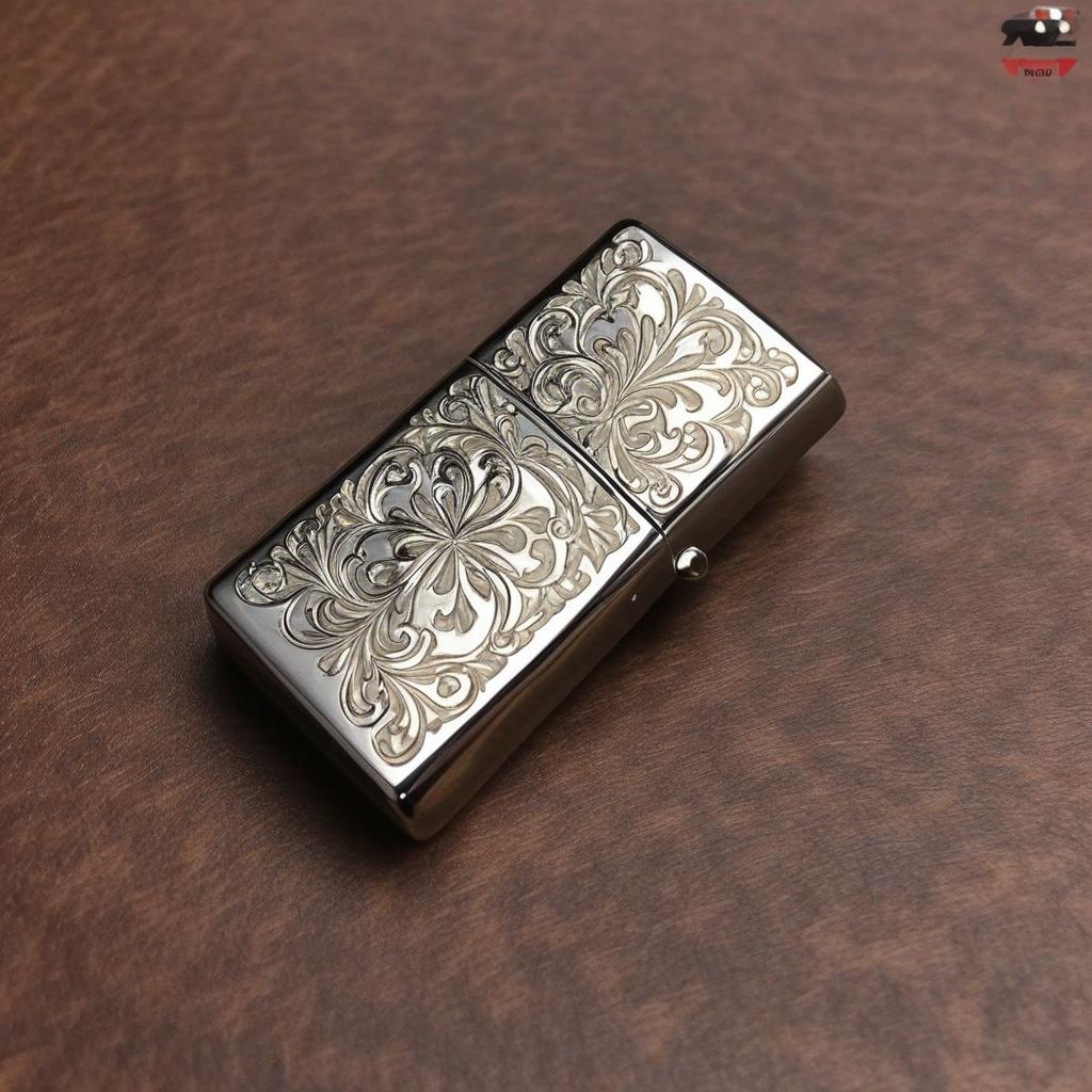  masterpiece, best quality,Draw a Zippo kerosene lighter metal shell decorated with mother-of-pearl craft and place the lighter on a table