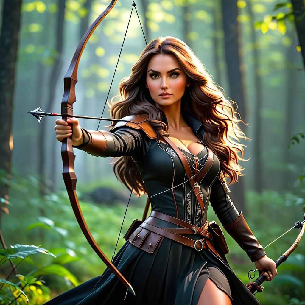   with long wavey brown hair fights a witch with a bow and arrow hyperrealistic, full body, detailed clothing, highly detailed, cinematic lighting, stunningly beautiful, intricate, sharp focus, f/1. 8, 85mm, (centered image composition), (professionally color graded), ((bright soft diffused light)), volumetric fog, trending on instagram, trending on tumblr, HDR 4K, 8K