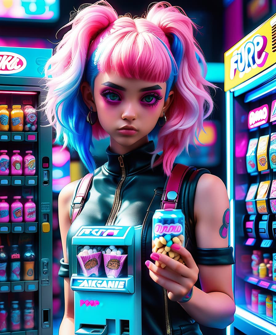  hyperrealistic art anime girl with pink and blue hair on the background of a vending machine with funko pop figurines in the city of the future neon cyberpunk with a casino chip in hand . extremely high resolution details, photographic, realism pushed to extreme, fine texture, incredibly lifelike