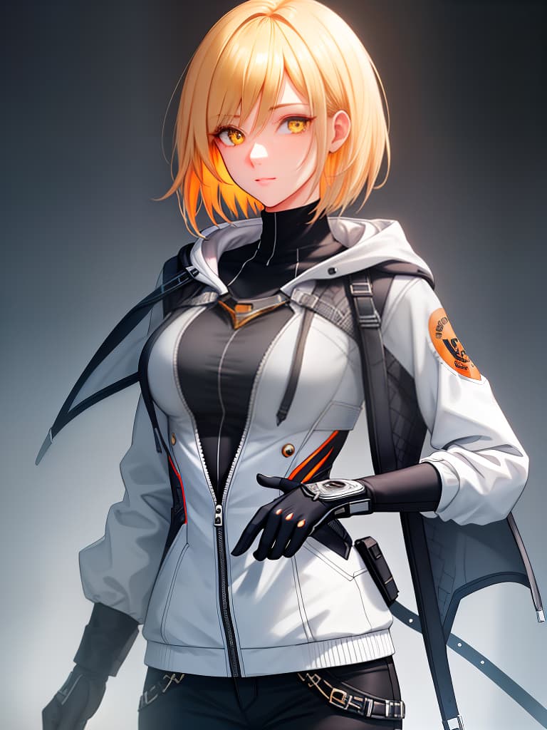  short bob, cool system, boyish, blonde, hoodie, upper body only, skinny pants, singer, orange eye, women, delicate, black, blue, purple, masterpiece, best quality,8k,ultra detailed,high resolution,an extremely delicate and beautiful,hyper detail hyperrealistic, full body, detailed clothing, highly detailed, cinematic lighting, stunningly beautiful, intricate, sharp focus, f/1. 8, 85mm, (centered image composition), (professionally color graded), ((bright soft diffused light)), volumetric fog, trending on instagram, trending on tumblr, HDR 4K, 8K