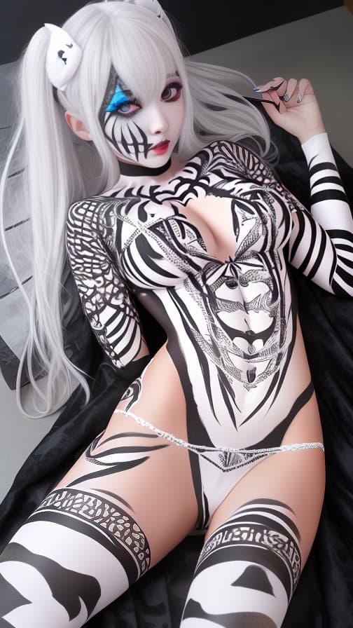  White Spider-patterned body paint in every corner of the whole body, full-body, Blark body paint, Silver face paint on the face, succubus 女の子