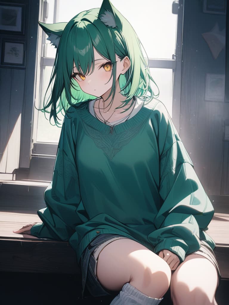  girls, plain clothes, loose socks, wolf ears, medium hair, green cardigan, green hair, yellow eyes, masterpiece, best quality,8k,ultra detailed,high resolution,an extremely delicate and beautiful,hyper detail