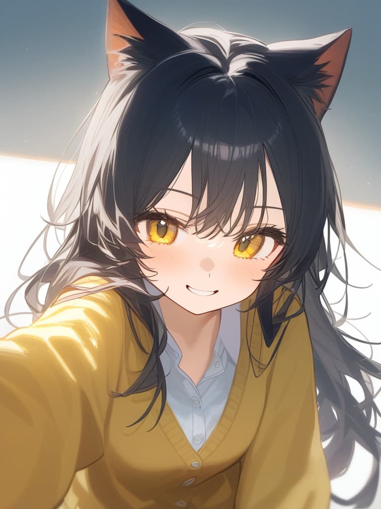  cute face focus,cute,young,long hair,black hair,yellow eyes,cute posing,smile,cardigan,cat ears