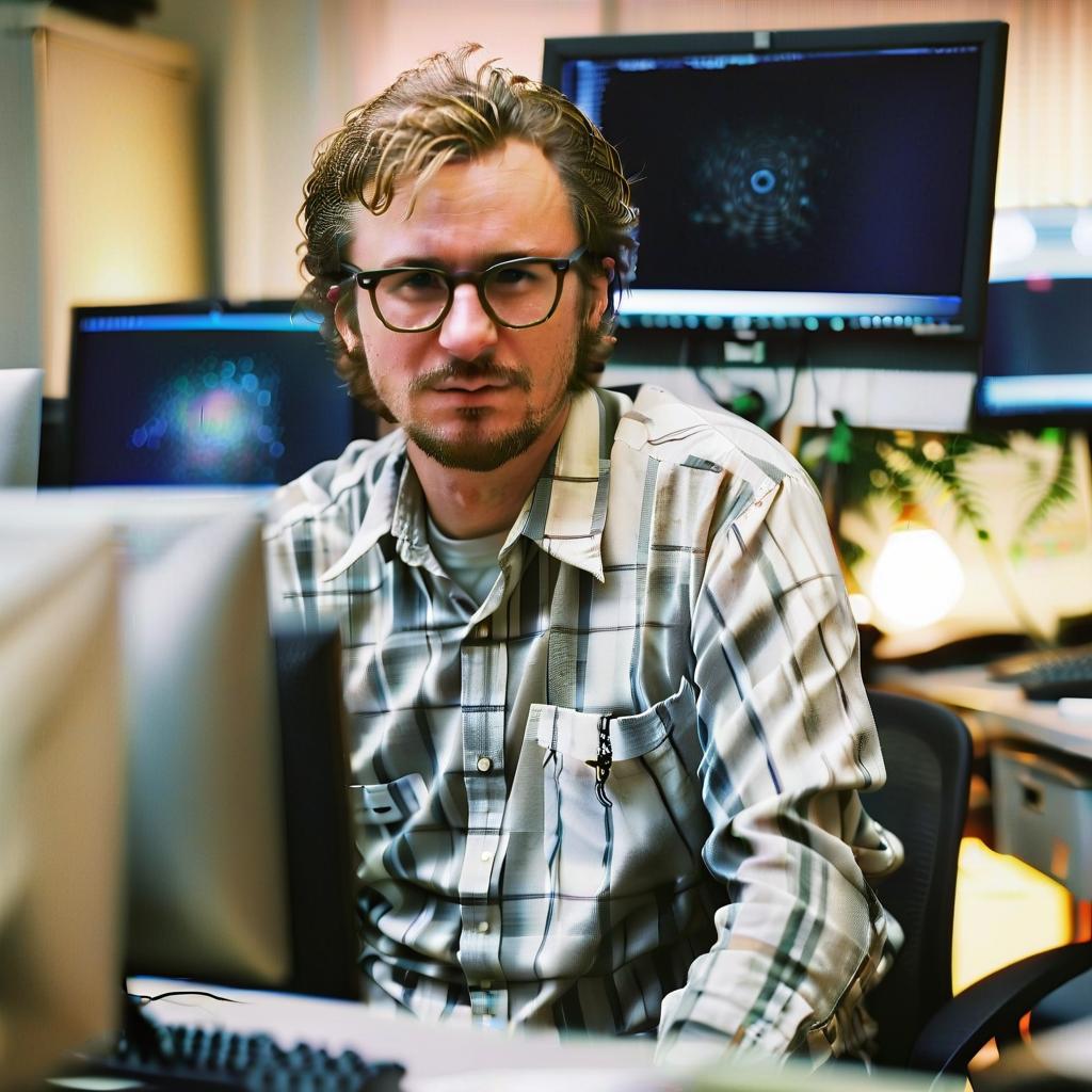  cinematic photo white man in glasses in office in shirt sits at work computer on monitor . 35mm photograph, film, bokeh, professional, 4k, highly detailed, perfecteyes, perfect hands, film photography style