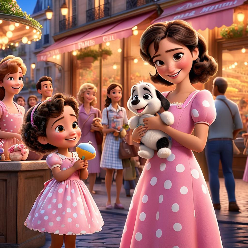  in 3d animated movie style. disney pixar style. paris, in pink dress with white polka dots, holding coco, her stuffed toy, beaming with curious, friendly, and shy expression. mrs. lily, in flowery dress, looks kind and patient. clroom setting with clmates smiling and giggling, mrs. lily praises paris for show and tell. high resolution pixar 3d style with detailed rendering, bright, soft lights, warm tones. paris in center, clmates around, mrs. lily to the side, capturing warmth from slight low angle.