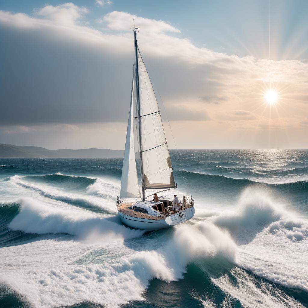  A person on a sailboat on the open sea. The sailboat is cutting through the waves, and the vast ocean stretches out in all directions. The sky is clear with a few fluffy clouds and the sun shining brightly. The person looks relaxed and happy, enjoying the breeze and the spray of the sea. You can see the reflection of the sunlight on the water, creating a shimmering effect. hyperrealistic, full body, detailed clothing, highly detailed, cinematic lighting, stunningly beautiful, intricate, sharp focus, f/1. 8, 85mm, (centered image composition), (professionally color graded), ((bright soft diffused light)), volumetric fog, trending on instagram, trending on tumblr, HDR 4K, 8K