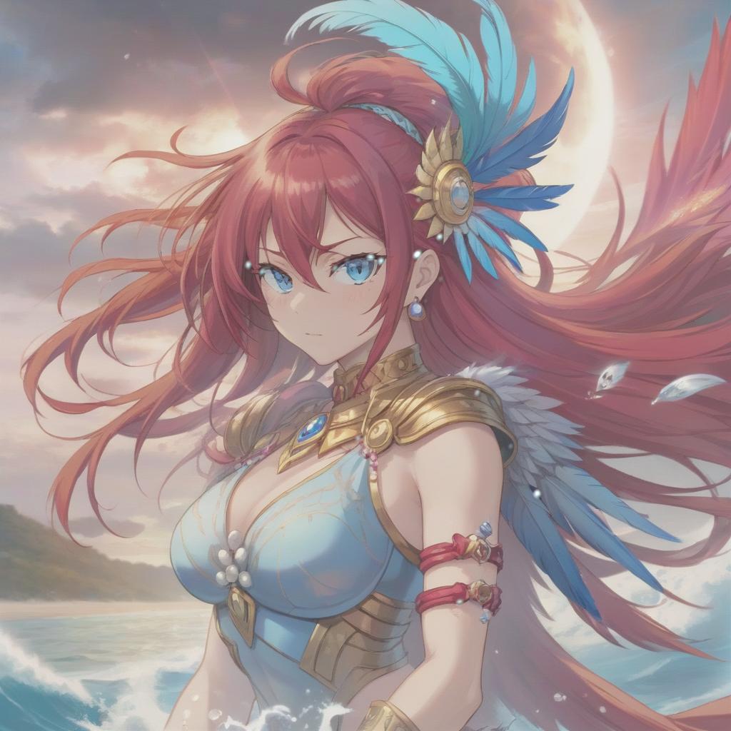  long exposure photo of portrait of strong rage amazonas lancer. blue eye. long red hair. tilting head down, magenta mantle, shoulder pad feather, accessory necklace with pearls on the forehead, by the sea . blurred motion, streaks of light, surreal, dreamy, ghosting effect, highly detailed, sticker, hkmagic