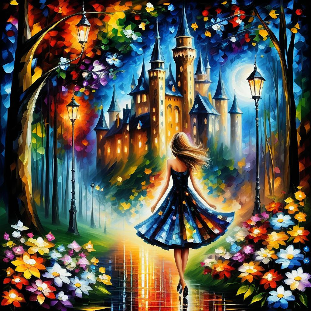  (style of leonid afremov:1.5), fantasy world with pixies and flowers, a castle with many flowers, flying pixi girl, pixi dressed in a dress made of flowers, in clothes made of flowers, forest of flowers, alley of flowers in the forest, dream, wings of flowers, night and stars, epic realism, anime features, dark fantasy, abstract horror, desaturated color palette, gothic and renaissance aesthetic,