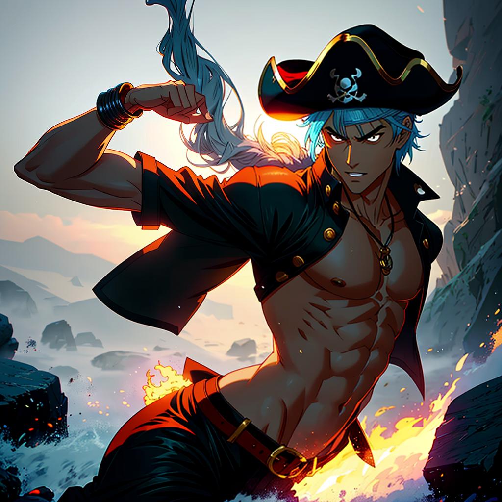  a pirate themed character with a dynamic pose, inspired by eiichiro oda's signature art style, featuring bold lines, vibrant colors, and exaggerated facial expressions. hyperrealistic, full body, detailed clothing, highly detailed, cinematic lighting, stunningly beautiful, intricate, sharp focus, f/1. 8, 85mm, (centered image composition), (professionally color graded), ((bright soft diffused light)), volumetric fog, trending on instagram, trending on tumblr, HDR 4K, 8K