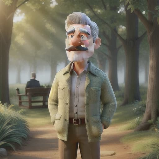  Cartoon image a high-resolution photograph capturing a middle-aged man standing outdoors. The man has short, gray hair and a mustache, and he is wearing a traditional, light beige, long-sleeved shirt with a high collar, paired with a matching, knee-length skirt. His shirt has a subtle, blue and white checkered pattern. In the background, lush green foliage and trees create a natural, verdant setting, with sunlight filtering through the leaves, casting a soft, dappled light on the scene. To the left of the man . The overall atmosphere suggests a rural, agricultural setting. The man's expression is one of pride and satisfaction, as if he is showcasing the fruits of his labor. The photograph is rich in detail , as well as the intricate pattern hyperrealistic, full body, detailed clothing, highly detailed, cinematic lighting, stunningly beautiful, intricate, sharp focus, f/1. 8, 85mm, (centered image composition), (professionally color graded), ((bright soft diffused light)), volumetric fog, trending on instagram, trending on tumblr, HDR 4K, 8K