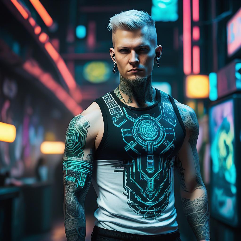  cyberpunk game style white male, tattoo sleeves, tattoo on neck, slavic, netrunner, black tank top . neon, dystopian, futuristic, digital, vibrant, detailed, high contrast, reminiscent of cyberpunk genre video games