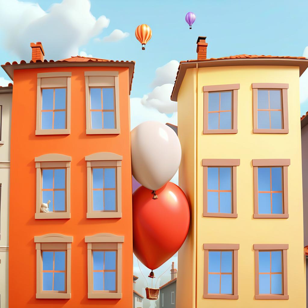  concept art balloon flying through two houses . digital artwork, illustrative, painterly, matte painting, highly detailed