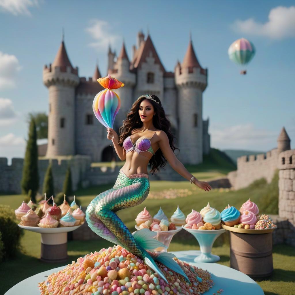  cinematic photo mermaid jumps with a parachute against the background of a castle of sweets . 35mm photograph, film, bokeh, professional, 4k, highly detailed, sticker hyperrealistic, full body, detailed clothing, highly detailed, cinematic lighting, stunningly beautiful, intricate, sharp focus, f/1. 8, 85mm, (centered image composition), (professionally color graded), ((bright soft diffused light)), volumetric fog, trending on instagram, trending on tumblr, HDR 4K, 8K