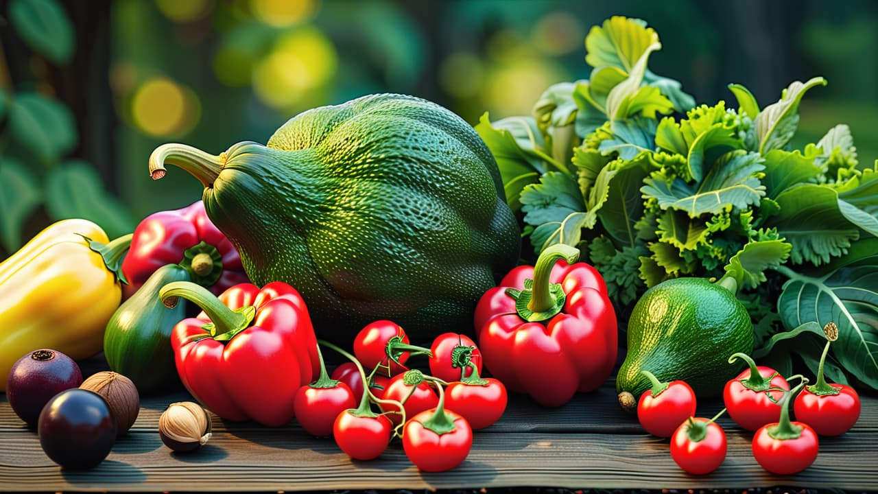  a vibrant array of fresh fruits and vegetables, including ripe avocados, juicy berries, colorful bell peppers, leafy greens, and raw nuts, arranged on a rustic wooden table, glistening with morning dew. hyperrealistic, full body, detailed clothing, highly detailed, cinematic lighting, stunningly beautiful, intricate, sharp focus, f/1. 8, 85mm, (centered image composition), (professionally color graded), ((bright soft diffused light)), volumetric fog, trending on instagram, trending on tumblr, HDR 4K, 8K