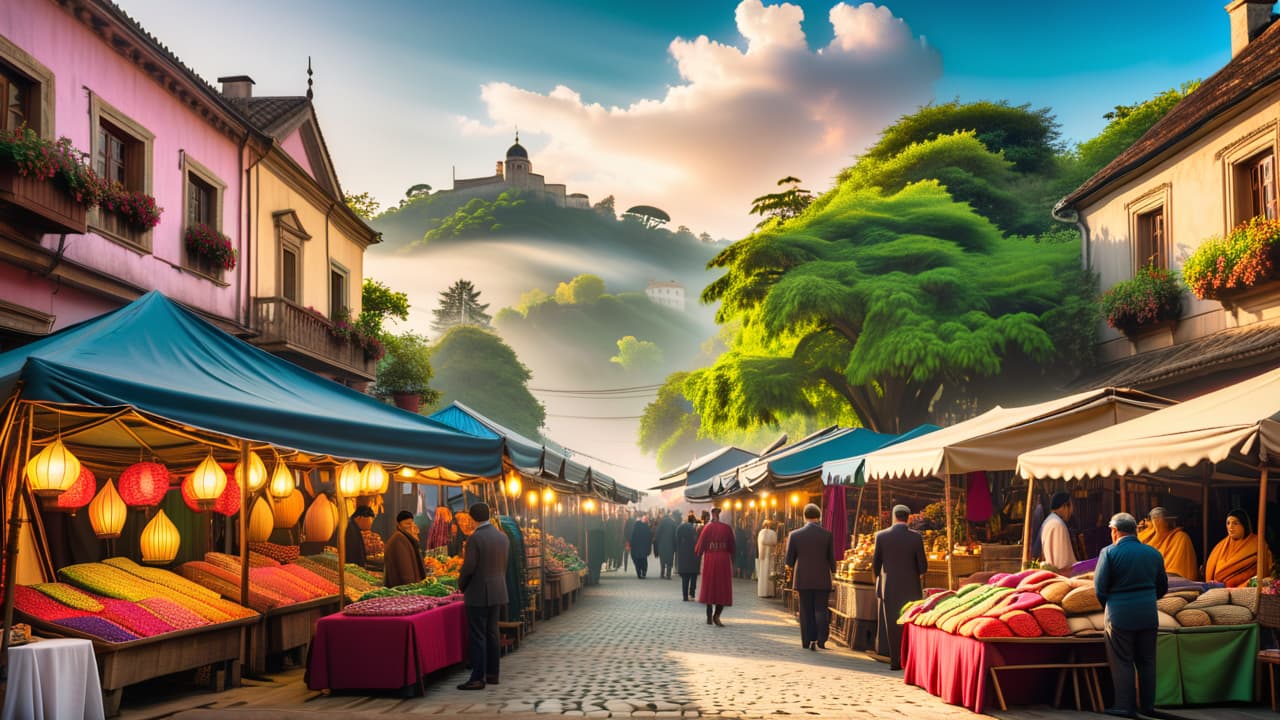  a vibrant street market showcasing traditional crafts, colorful textiles, and local cuisine, with artisans in traditional attire, surrounded by historic architecture, lush greenery, and tourists engaging with the culture in a lively atmosphere. hyperrealistic, full body, detailed clothing, highly detailed, cinematic lighting, stunningly beautiful, intricate, sharp focus, f/1. 8, 85mm, (centered image composition), (professionally color graded), ((bright soft diffused light)), volumetric fog, trending on instagram, trending on tumblr, HDR 4K, 8K