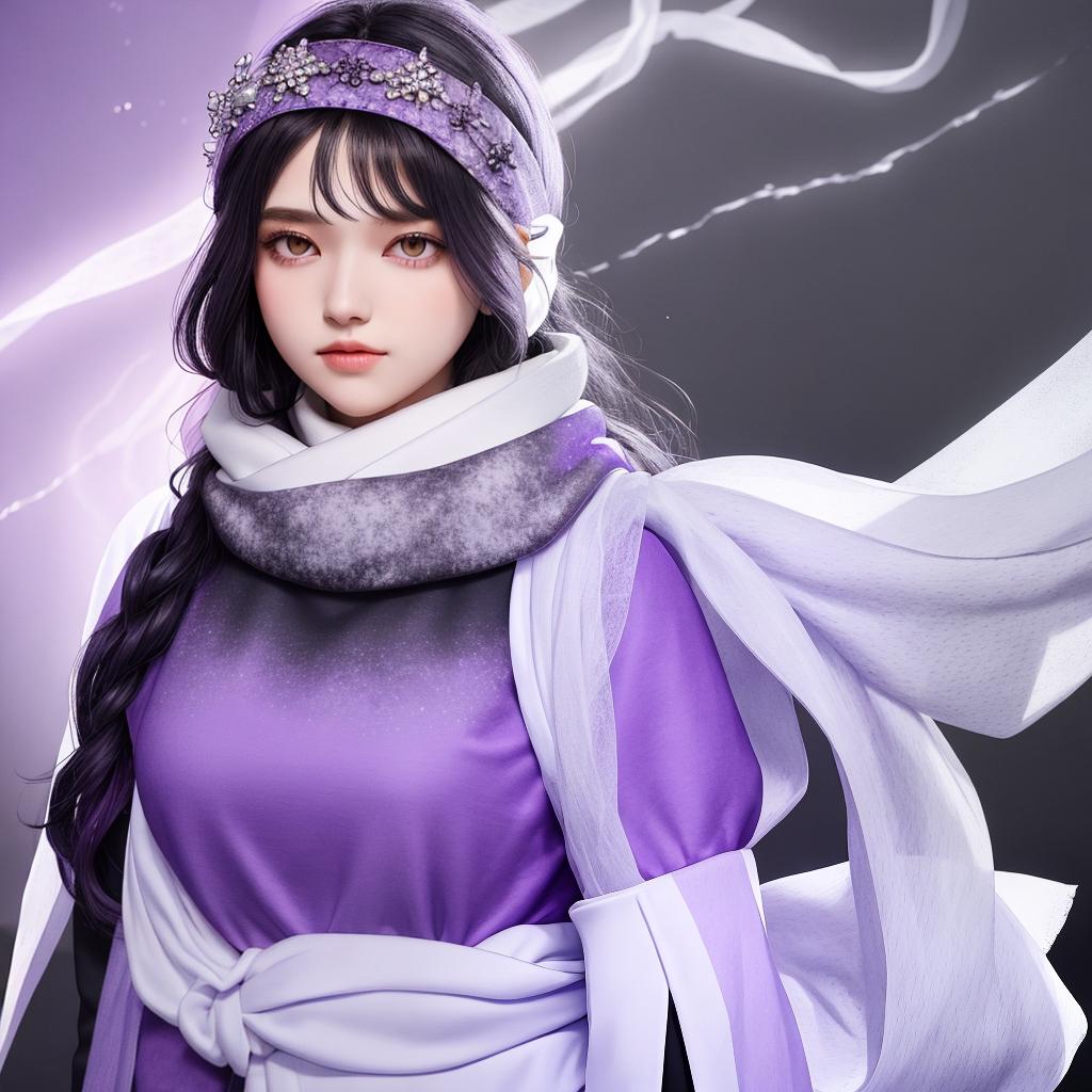  masterpiece, best quality,white scarf, glowing white eyes. purple white and black outfit. black flowy hair. soft face. purple dust around her like sandman,