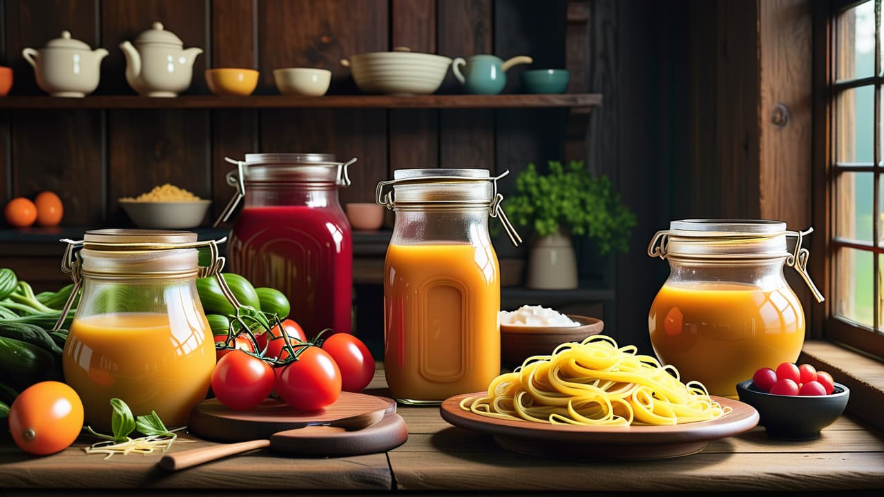  a vibrant kitchen scene featuring an array of unexpected non vegan foods like honey jars, dairy cheeses, gelatin desserts, and egg based pasta, all beautifully arranged on a rustic wooden countertop surrounded by fresh vegetables. hyperrealistic, full body, detailed clothing, highly detailed, cinematic lighting, stunningly beautiful, intricate, sharp focus, f/1. 8, 85mm, (centered image composition), (professionally color graded), ((bright soft diffused light)), volumetric fog, trending on instagram, trending on tumblr, HDR 4K, 8K