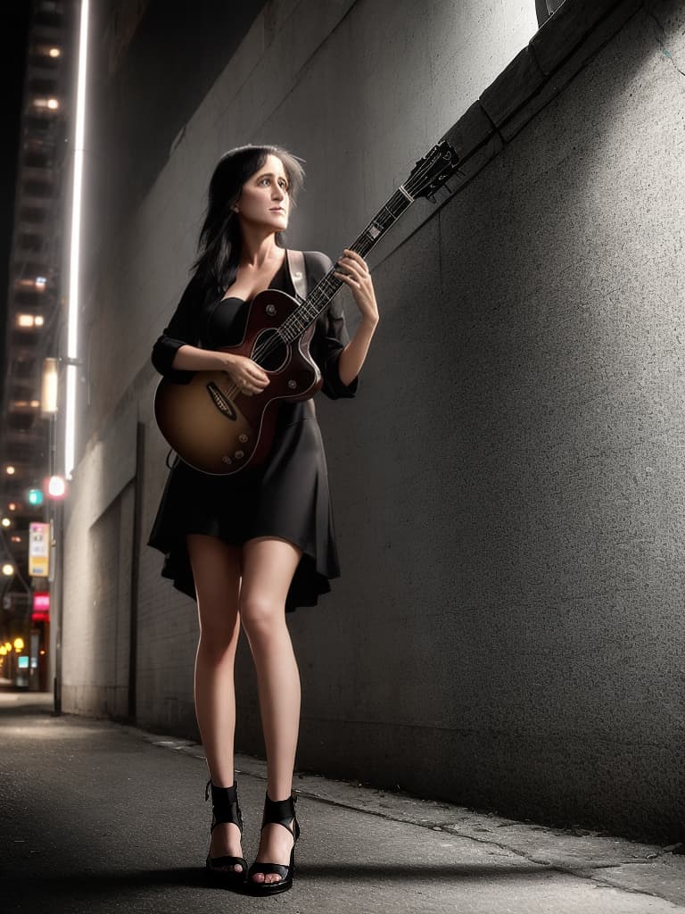  A younger Country singer Joan Baez, medium shot, upper body, spotlight, long exposure lighting, street art style spray paint, glamour lighting