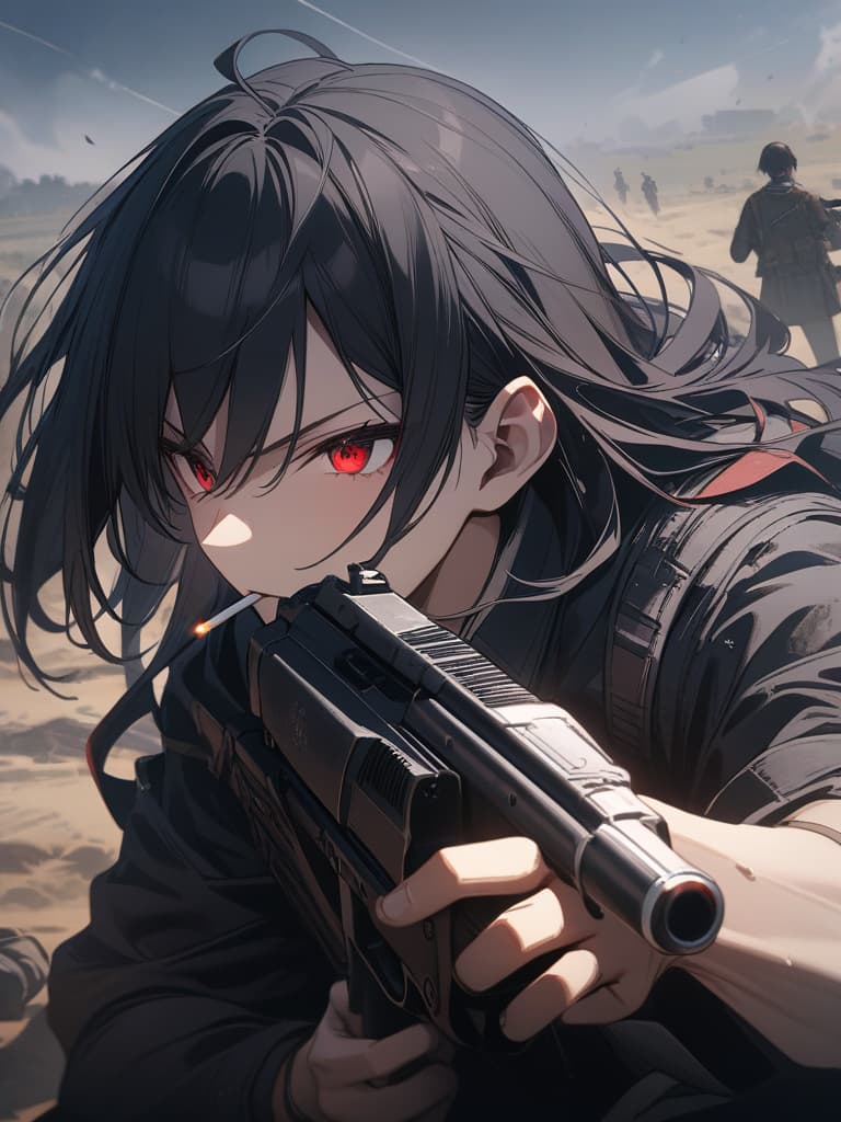  has a gun, a man, a throat buddha, a cigarette, a cool, battle start, battlefield, smart, black hair, red eyes, masterpiece, best quality,8k,ultra detailed,high resolution,an extremely delicate and beautiful,hyper detail