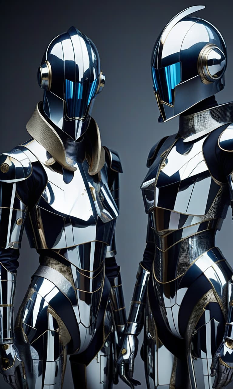  countless legions of identical faceless androgynous droids. all dressed in identical jumpsuits with high tech but stylized medieval mirrorscale armor and sleek high tech full face helmets with mirrored visors,