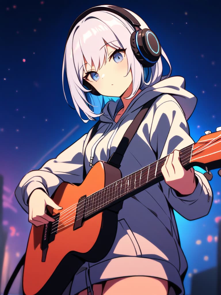  (pastel illustration:1.5)(beautiful girl:1.5)(bobbed hair:1.5)(wearing headphones🎧:1.7)(in a hoodie:1.5)(with a guitar:2.0)(happily playing guitar:2.0)masterpiece,high quality,16k