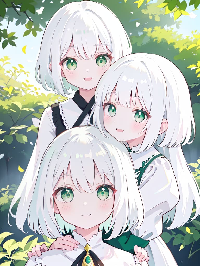  girls, smiles, white hair, round, cat hair, green eyes, bust up, one person, masterpiece, best quality,8k,ultra detailed,high resolution,an extremely delicate and beautiful,hyper detail