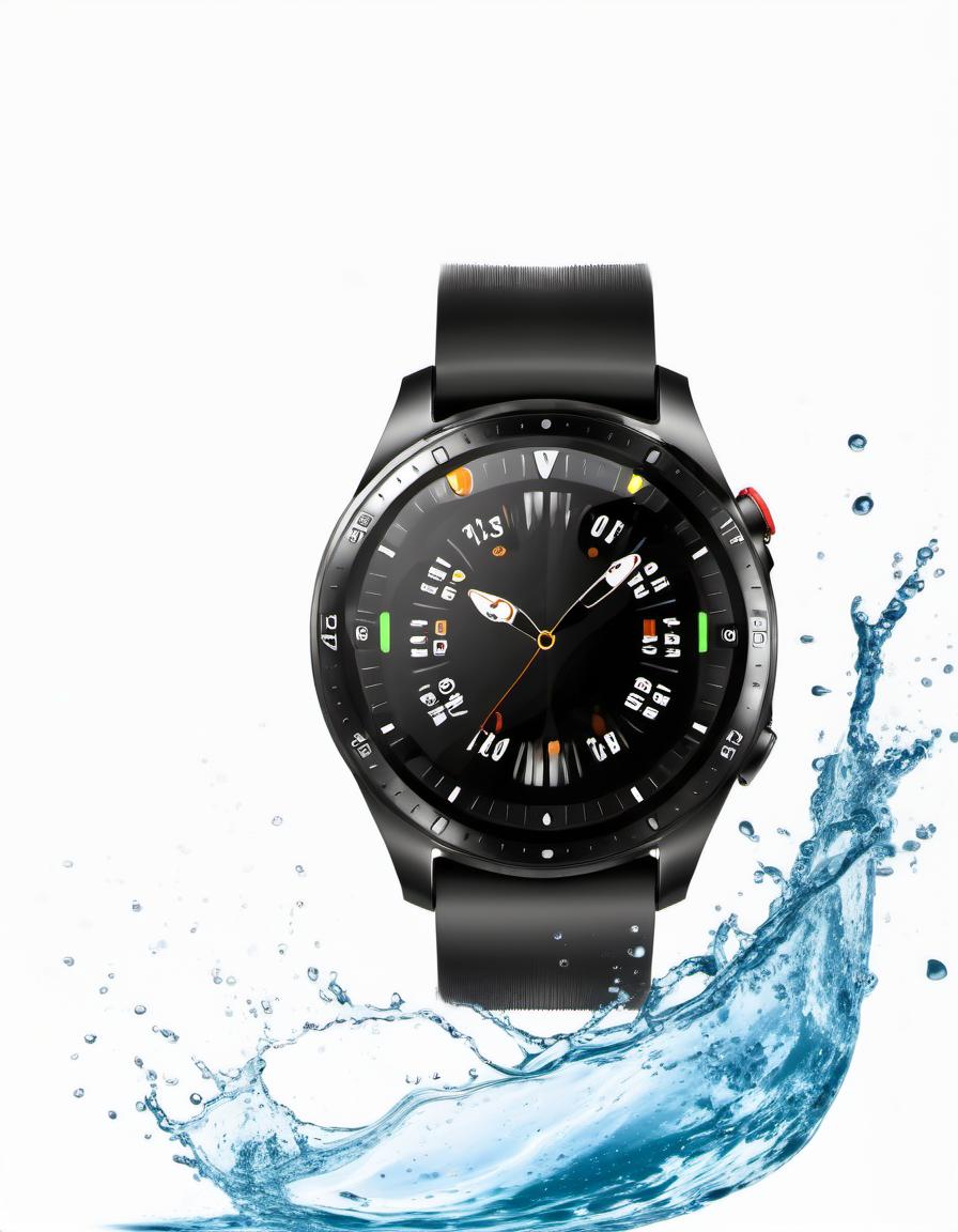  smart watch on a white background, around water splash, film photography style