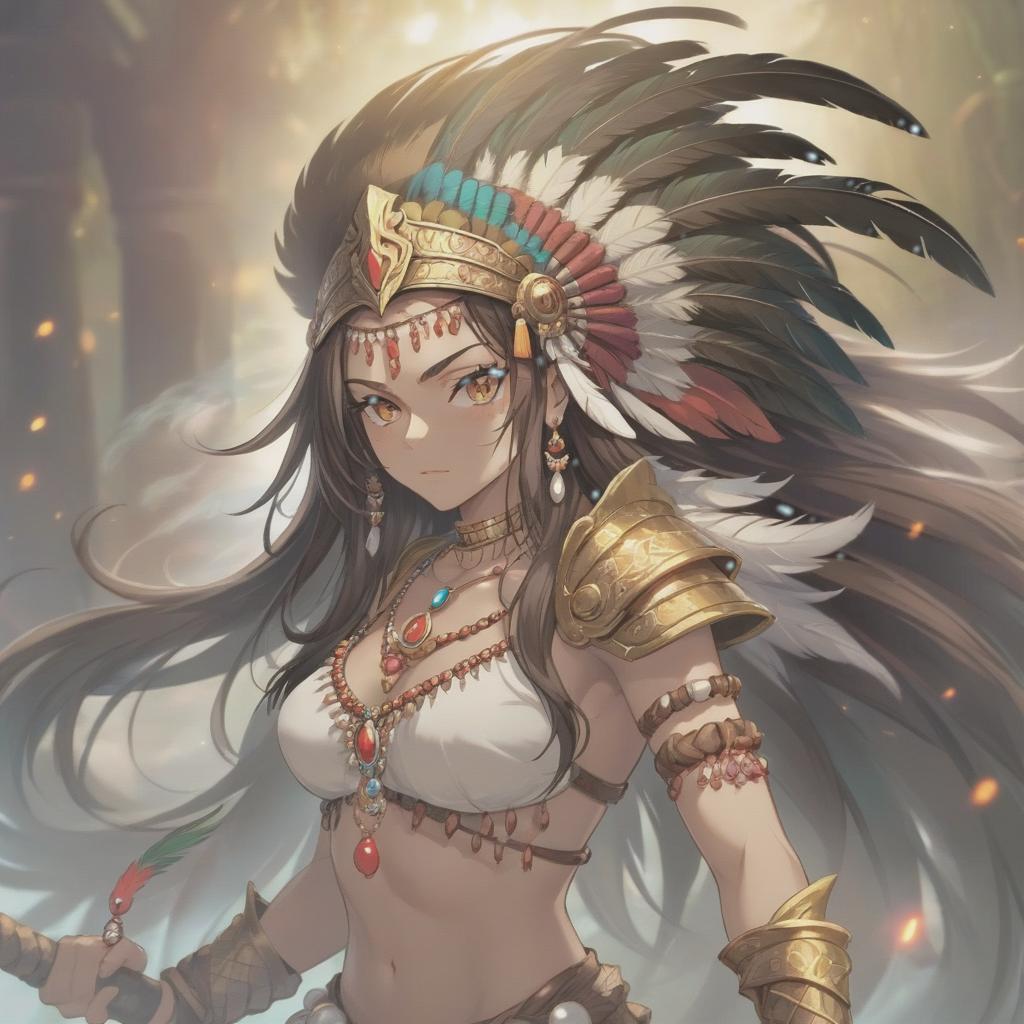  long exposure photo of portrait of rage strong amazonas warrior, long hair, tilting head down, shoulder pad feather, accessory necklace with pearls on the forehead . blurred motion, streaks of light, surreal, dreamy, ghosting effect, highly detailed, sticker, hkmagic