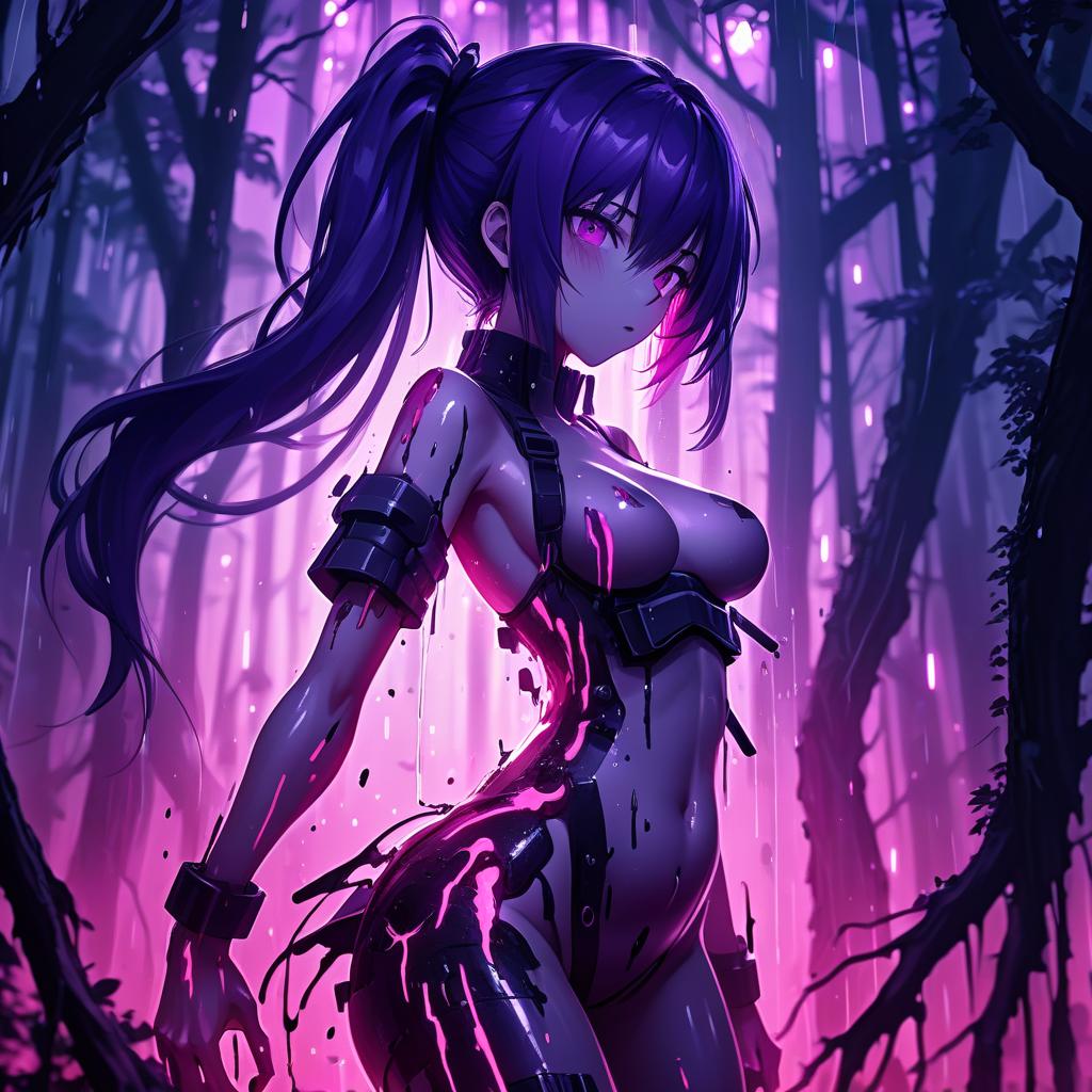  a woman standing in the middle of a forest, dark purple hair and cybernetics, nightcore, pink shadows, black goo, by maki haku, torrential rain of blood, sona, (art station), destruction around her, removed watermarks, halation, deep lighting