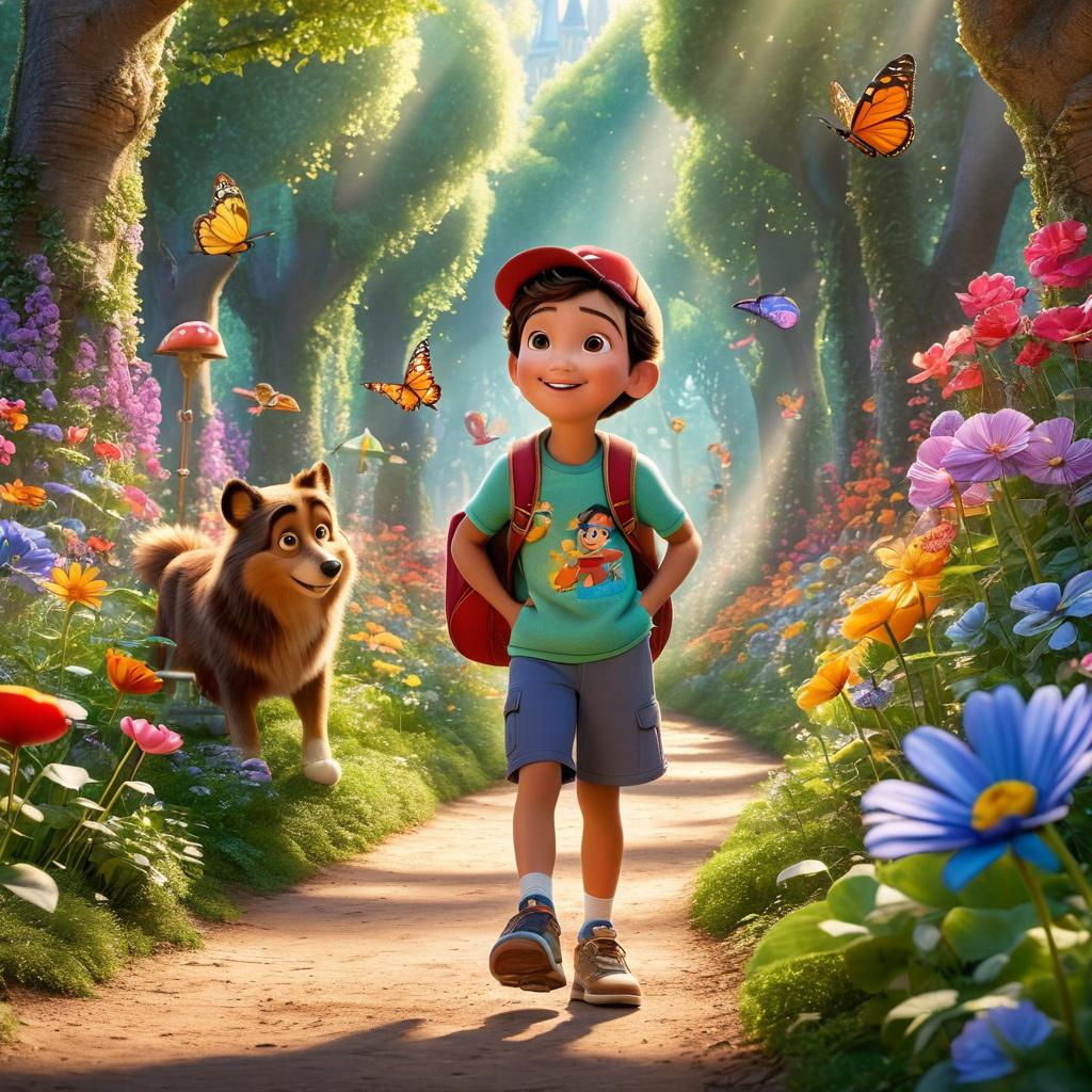  in 3d animated movie style. disney pixar style. paris, old in colorful sports attire and skip, a wise and character, in an enchanted forest clearing with dappled sunlight, vint flowers, and whimsical creatures. high resolution pixar 3d style with vint colors, cozy warm light. dynamic low angle shot portrays paris in awe of skip creating a magical bond between them.