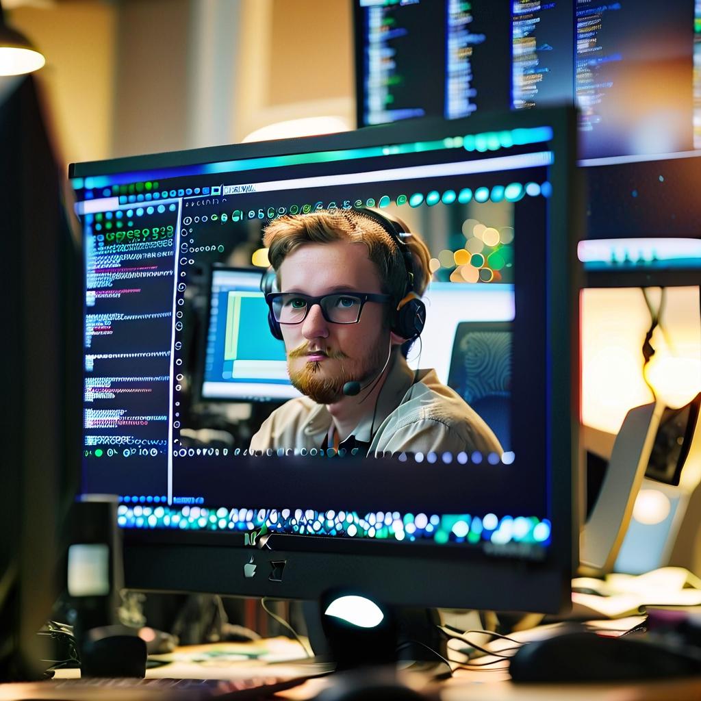  cinematic photo programmer office worker sits at a working computer on a monitor . 35mm photograph, film, bokeh, professional, 4k, highly detailed, perfecteyes, perfect hands, film photography style