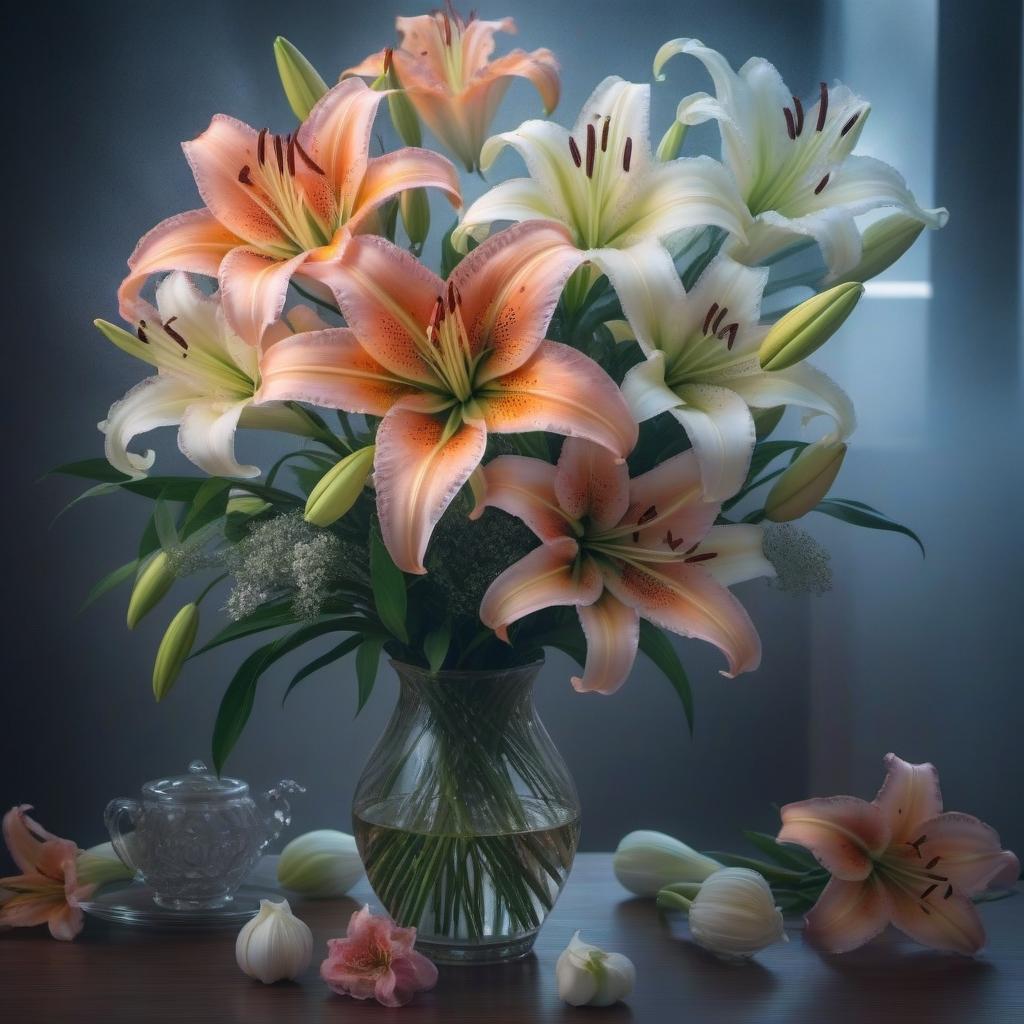  Bouquet of lilies hyperrealistic, full body, detailed clothing, highly detailed, cinematic lighting, stunningly beautiful, intricate, sharp focus, f/1. 8, 85mm, (centered image composition), (professionally color graded), ((bright soft diffused light)), volumetric fog, trending on instagram, trending on tumblr, HDR 4K, 8K